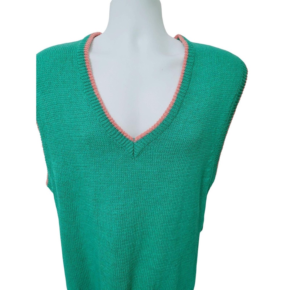 Vintage Hang Ten Pullover Sweater Vest Mens M Ramie Cotton Teal Green Pink Trim